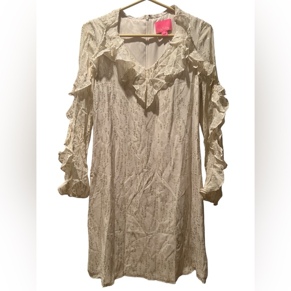 LILLY PULITZER | Belle Flounce Coconut Fish Clip Chiffon silk dress gold size 2 - Picture 2 of 9